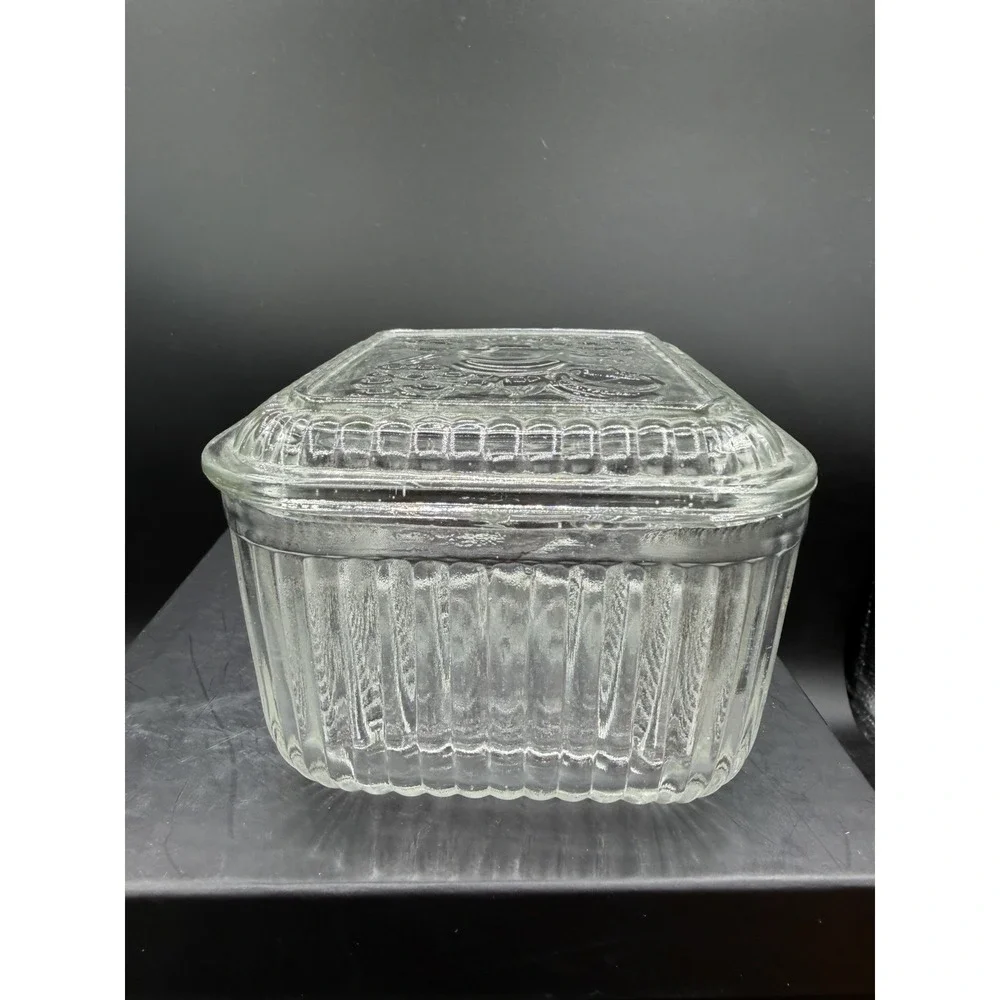 🍇Vintage Anchor Hocking Ribbed Glass Refrigerator Dish w/ Lid - Fruit Accents